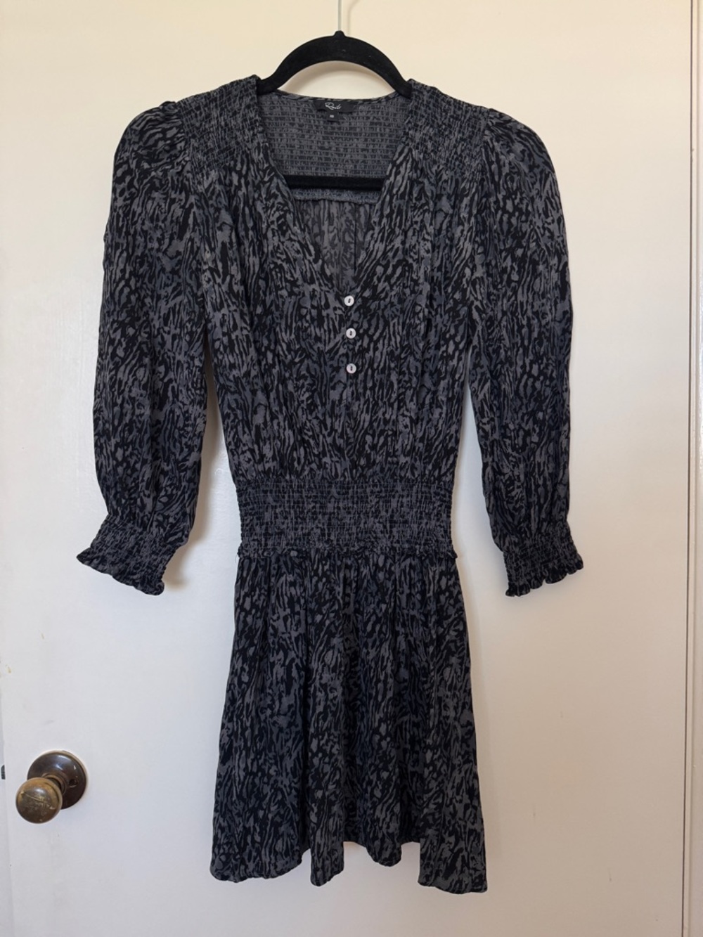 Rails Charcoal Abstract Animal Print Zana Smocked Mini Dress size XS $228 MSRP